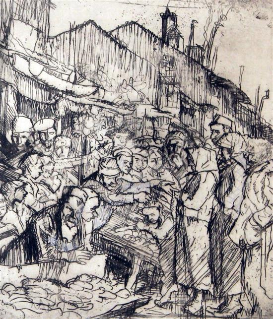 Frank Brangwyn (1867-1956) Three seated Jews watching chickens and market scene, largest overall 11.25 x 8.75in. unframed